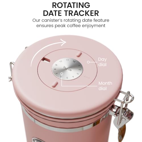 Image of Veken Coffee Canister with Window, Airtight Stainless Steel Container, 22OZ | Date Tracker,Kitchen Food Storage Organizers for Beans, Ground, Espresso, Rice,Tea, Sugar,Cereal, Gifts,Lids,Jars,Scoop, Pink