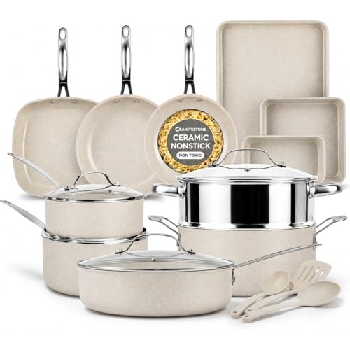Granitestone Ceraluxe 20 Pc Ceramic Cookware Set Nonstick, Complete Pots and Pans Set Non ... Granitestone Ceraluxe 20 Pc Ceramic Cookware Set Nonstick, Complete Pots and Pans Set Non ...