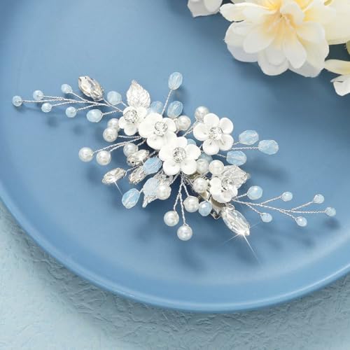 Pinza de cabello de boda con perlas y cristales plateada miniatura 1