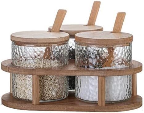 Pots d'assaisonnement, boîte à épices, coffret d'assaisonnement en verre, maison, cuisine, salière, stockage de bouteilles, pots à condiments, gadget, poivre, couvercle en bois, cuillère, pots à épice