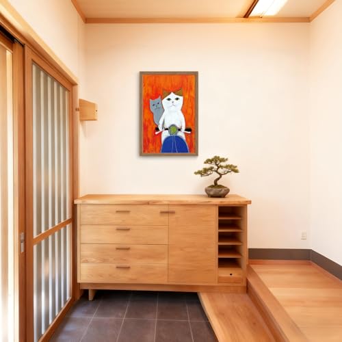 木子誉絵画館 アートパネル ポスター バイクの猫たち 動物画 絵画 インテリア おしゃれ ウォールアート 猫の絵 玄関 階段 廊下 寝室 リビング 壁飾り 木目調フレーム付きの完成品（40×30cm） [2]
