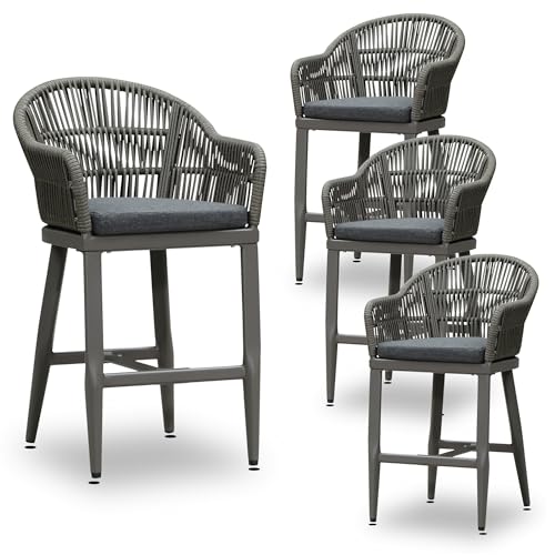 PURPLE LEAF Outdoor Counter Height Bar Stools Set of 4 Patio Metal Modern Wicker Rattan Bar Chairs Woven Aluminum Barstools with Back and Cushions for Balcony Garden Indoor Kitchen Outside Slate Gray