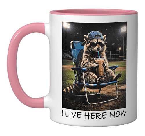 Funny Raccoon Drinking Iced Coffee Baseball I Live Here Now Ceramic Mug, Pink/White