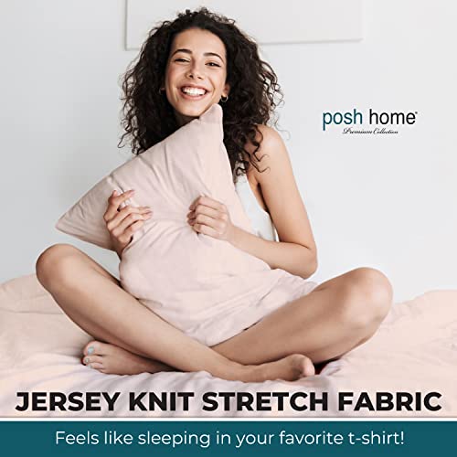 Posh Home Jersey Knit Sheet Set – 4-Piece Jersey Bed Sheets – T-Shirt Breathable & Soft Cotton Jersey Sheets - Includes Flat Sheet, Jersey Fitted Sheet, & 2 Pillowcases - Queen Jersey Sheets, Blush #TOP1