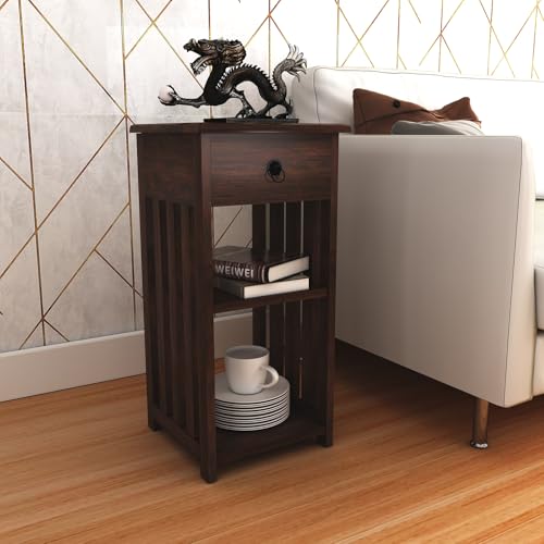 Image of Sheesham Wood Bedside Table with 1 Drawer and 2 Shelf Storage for Bedroom Living Room Office Home Furniture End Table| Sofa Side Table| Nightstand, (Walnut Finish)
