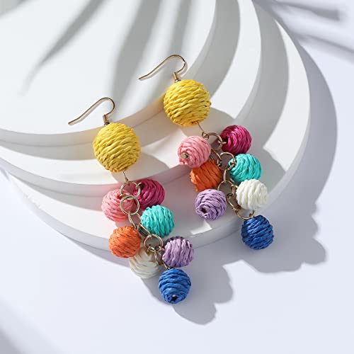 Colorful Raffia Earrings Boho Rattan Raffia Statement Drop Dangle For Women Lightweight Straw Wicker Earrings Summer Beach Vacation Earrings Jewelry Accessories Gifts (Rainbow) #TOP2