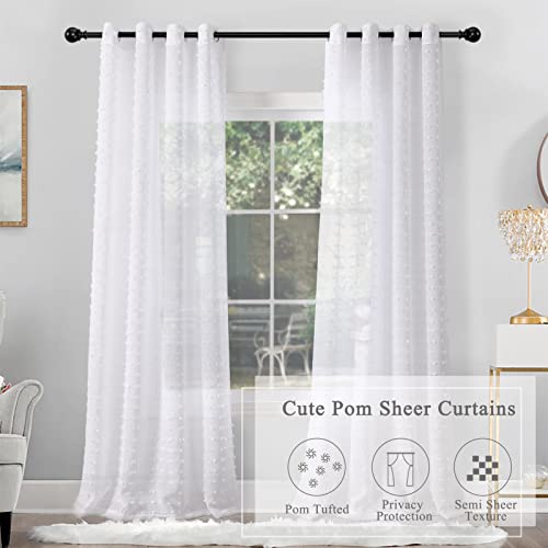 White Sheer Curtains 84 Inch Length 2 Panels Set For Living Room, Semi Sheer White Curtains For Nursery Girls Bedroom Cute Tufted Pom Pom Boho Curtains Grommet Farmhouse Window Curtain 84 Inches Long #TOP6