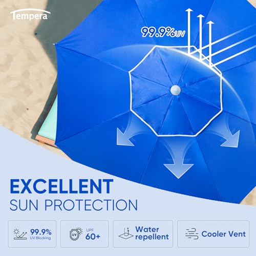 Image of Tempera Heavy Duty High Wind Beach Umbrella with Sand Anchor & Carry Bag | Patio Outdoor Umbrella with Aluminum Frame and Push Button Tilt, Ideal for Garden Lawn, UPF 60+