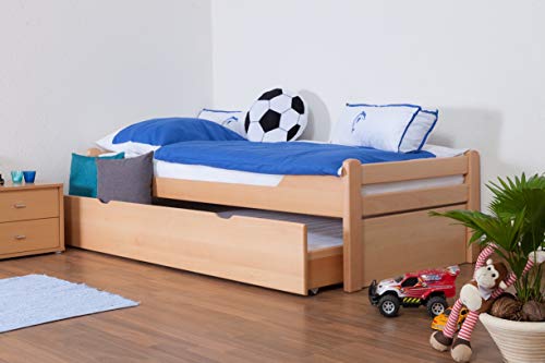 Kinderbett/Jugendbett Easy Premium Line K1/1h inkl. 2. Liegeplatz und 2 Abdeckblenden, 90 x 200 cm Buche Vollholz massiv Natur