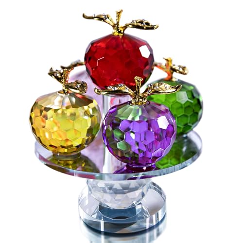 HDCRYSTALGIFTS Figurines de pommes en cristal à facettes de 5 pouces en 5 couleurs, statue de pomme en verre, objets de collection avec base rotative pour...