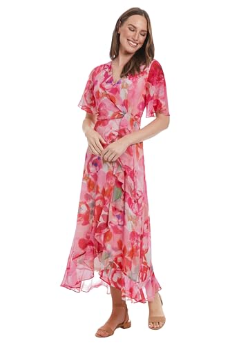 Image of London Times Women's Watercolor Floral Wrap Maxi Dress - Elegant Chiffon Flutter Sleeve Asymmetrical Hem Cocktail Dresses