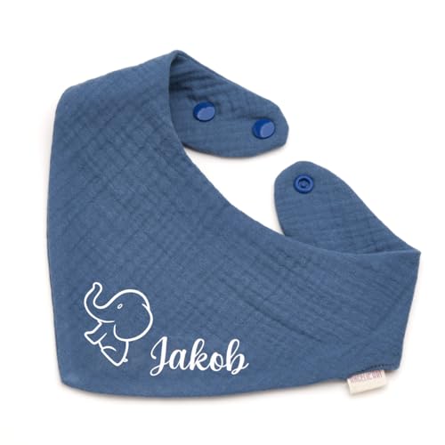 Personalisiertes Dreieckshalstuch aus Baumwolle/Musselin | Elefant mit Namen | Halstuch für Jungen, Mädchen | Viele Farben (Indigo)
