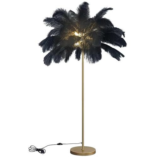 ANram Staande lamp met G4-LED-lamp, struisvogelveren lamp met 48 veren lampenkap gouden staande lampGeschikt voor woonkamers meisjesslaapkamer hoge hoek leeslamp