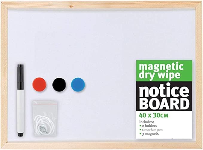 White Board Magnetic Dry Wipe White Notice Board 40 x 30cm Includes 2 Holders 1 Marker Pen and 3 Magnets- Erasable Board for School & Office