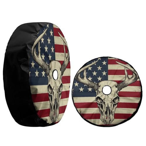 Image of Delerain Spare Tire Cover with Backup Camera Hole American Flag Deer Skull Wheel Covers Waterproof Dust-Proof UV Sun Universal Fit for Trailer RV SUV Truck (18 Inch for Diameter 32 inch-34 inch)
