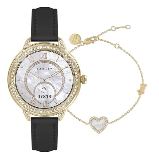 RADLEY Smart Series 33 AMOLED Stoneset Gold Plated Black Leather Strap Smart Calling Watch and Bracelet Set