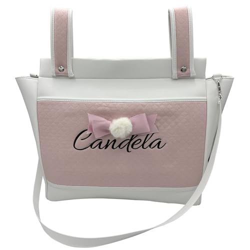 various - Bolso Carro Bebe Polipiel Pañalera Organizador Personalizado con Nombre Bordado Bolsa Maternidad Bolso Hospital Bebé con asa larga para colgar (Blanco/Rosa)