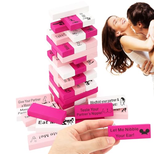 RZCOMP 54Pcs Lust Tower Super Naughty Block Tower Game Couples Valentine Wooden Stacking Blocks Perfect for Date Night Activities Party Games and Fun Ideas for Adults
