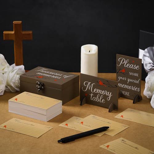 Image of Gilprop 112 Pcs Celebration of Life Memory Cards Set Share a Memory Cards with Box 2 Wood Sign with 4 Hold and 5 Pens, Sympathy Memorial Gifts Funeral Keepsake Decorations(Cardinal)