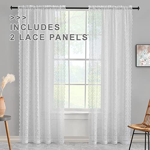 Finecity White Lace Curtains 63 Inch Length - Shabby Chic Floral Tile Pattern Sheer Lace Curtains For Bedroom Top Pocket Header Lightweight Lace Window Curtains, 52 X 63 Inch, 2 Panels, White #TOP1