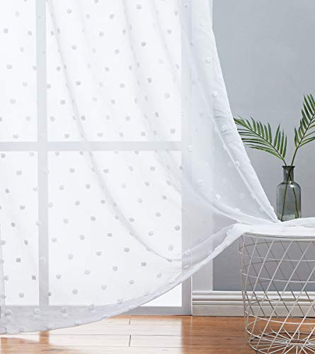 Fmfunctex Sheer White Curtains 63" Pom Pom Window Curtain Drapes For Living Room Light Filtering Voile Drapes For Bedroom Decorative Nursery Room Rod Pocket Curtain Set 54" W X 2Pcs #TOP5