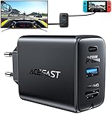 ACEFAST GaN 65W USB C Ladegerät mit 4K HD Ausgang USB-C Netzteil 2-Port PD Schnellladegerät mit 100W Type C Kabel Kompatibel mit Switch, MacBook, iPad, Smatphones (Schwarz)