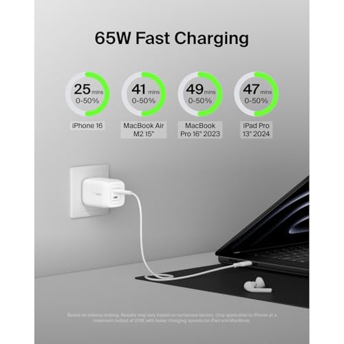 Image of Belkin 65W Dual USB C Charger Block, Super Fast Charging PD3.0 w / GaN Technology - Samsung Galaxy S25, Apple iPhone 17, Air, Pro, Pro Max, iPad, MacBook, AirPods, Nintendo Switch 2 & More - White