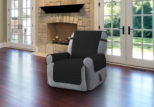 Linen Store Furniture Protector, Quilted Microfiber Machine Washable Cover with Tucks & Elastic Strap Perfect for Kids, Dogs, Pets (Black, Recliner)