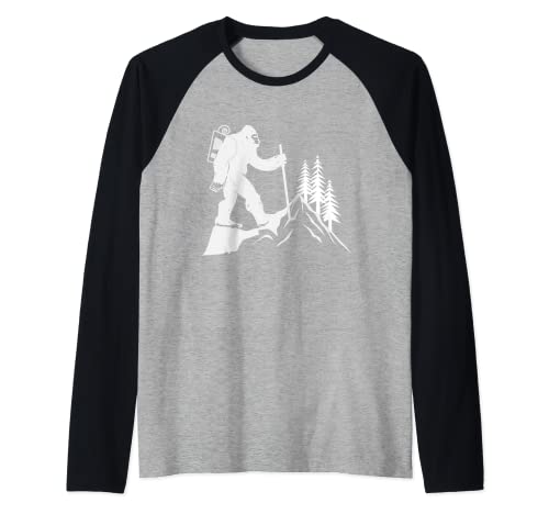 Divertido Bigfoot Hiker Senderismo Tee, Hombres Mujeres Montaña Naturaleza Camiseta Manga Raglan