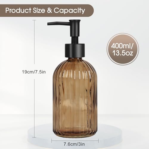 Topsky 2 Pack Glass Soap Dispenser with Black Plastic Pump, 400ml Liquid Hand Soap Dispenser, Rustproof Pump for Kitchen & Bathroom, Great for Lotions, Essential Oil, Liquid Soaps-Amber by Topsky - Image 5
