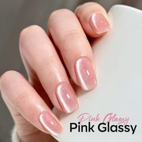 Image of modelones Pink Cat Eye Gel Nail Polish 9D Cateye with Magnet Nail Shimmer Soak Off Reflective Translucent Gel Magnetic Nail Polish 15 ML