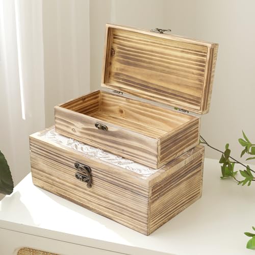 Decor4Season Wooden Box Set Of 2 - Rustic Farmhouse Decorative Boxes With Hinged Lid And Carved Design thumb #3