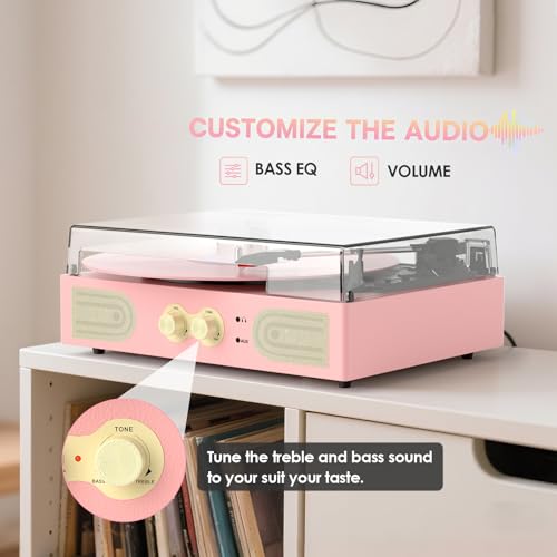 Vinyl Record Player with Built-in Speakers, Vintage 3-Speed Turntable, Bass/Treble Control, Headphone Jack, RCA/AUX Outputs, Belt-Driven LP Player, Pink by TANLANIN - Image 6