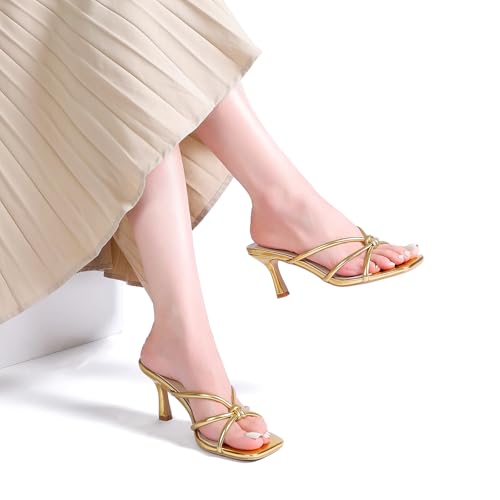 Kitten Strappy Heels for Women Knotted Square Open Toe Slip On Mule Heels Mid Heeled Sandals4