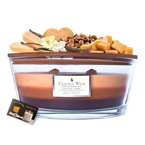 Crackle Wick 3-Layer Scented Crackling Wooden Wick Candle in Elegant Ellipse Glass Jar with Lid 485g - Includes ShopZee Candle Safety Tips Guide (Coffee Shop)