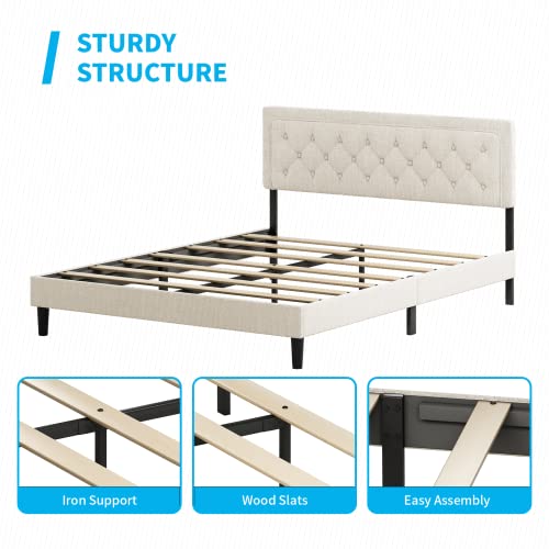 Mjkone Queen Size Flat Bed Frame, Linen Fabric Upholstered Headboard With Button Tufted For Bedroom, Apartment, Modern Design, No Box Spring Needed - Beige #TOP5
