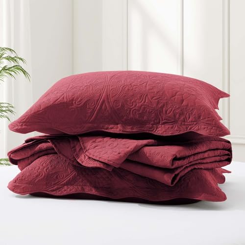 IR Imperial Rooms Twin Quilt Bedding Set Size (68” x 86”) + 1 Pillow Shams (20” x 26” + 2”) - 2 Pcs All Season Lightweight Reversible Microfiber Coverlet Floral Embossed Quilt Bedspread (Burgundy)