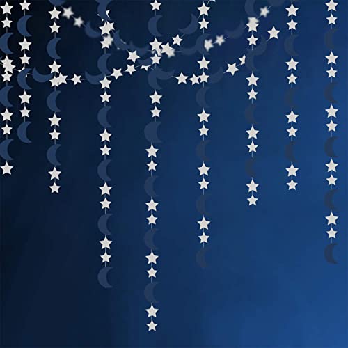 Image of Navy-Blue Silver Moon-Star Party-Decorations Garland - 52Ft Twinkle Little Star Hanging Decoration Streamers Banner, Eid Ramadan Mubarak Decoration Birthday Wedding Baby Shower Party Decor Panduola