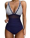 SUUKSESS Women Slimming Tummy Control One Piece Swimsuits Sexy Mesh High Waisted Monokini Bathing Suits (White Blue Stripe, M)