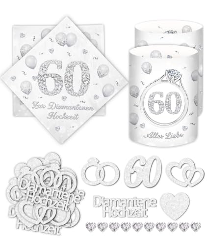 20 Stück Servietten Diamantene Hochzeit + 10 Windlicht Tischdeko +18 Glitzer Kon
