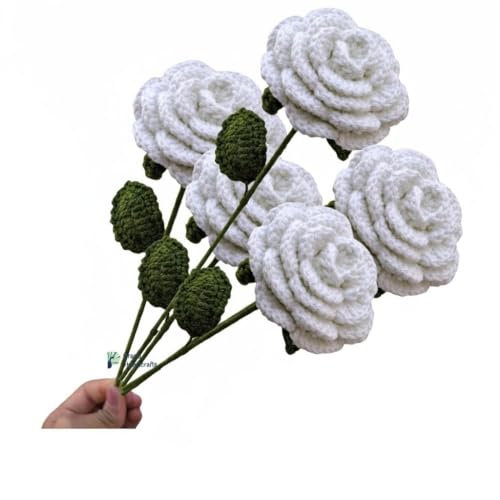Image of Prapti Handicrafts Handmade Crochet Rose Artificial Forever Flowers for Vase, Home Decoration (3, White Rose)