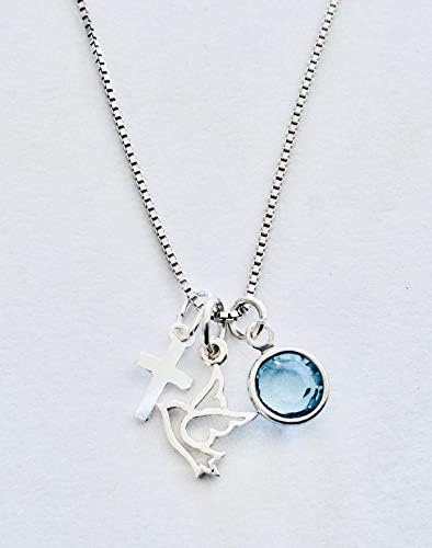 Sterling Silver Holy Spirit Necklace with Cross and Birthstone, Personalized Tiny Charm Necklace, Sterling Chain 16 18 or 20 Inch, Confirmation or Baptism Gift - Image 8