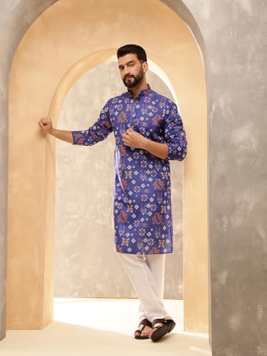 Image of SOJANYA Men's Multicolor Green Artistic Geometric Print Ethnic Wear Cotton Kurta
