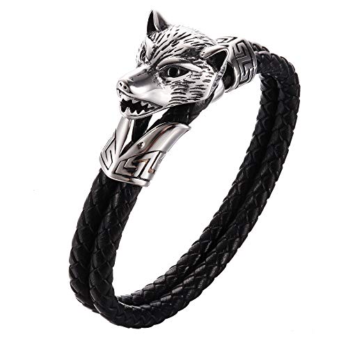 LOLIAS Pulsera Lobo para Hombre Pulsera Cuero Genuino Trenzado Negro Brazalete Vintage Metal Vikingo Muñeca Pulsera Joyería para Hombre