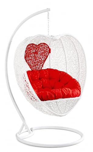 Image of Hindoro Rattan Wicker Wrought Iron Single Seater Swing Chair with Stand & Cushion & Hook Outdoor || Indoor || Balcony || Garden || Patio || Living Outdoor Furniture (White with Red, Unique Shape)