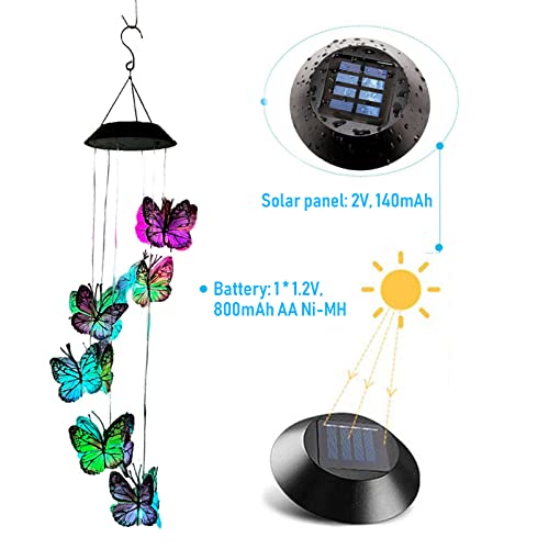 Qudai Carrilhão de vento solar LED borboleta ao ar livre pendurado sinos de vento lâmpada colorida l