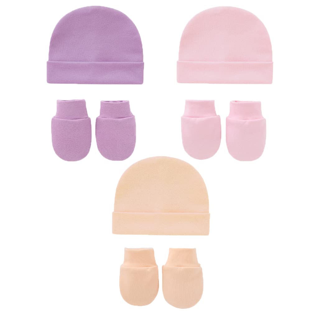 Cotton Newborn Hospital Hat Baby Hat and Anti Scratch Mittens Set for 0-3/0-6 Months Newborn Baby Boys Girls Essentials Bonnet Infant Beanie Caps and Gloves 6pcs