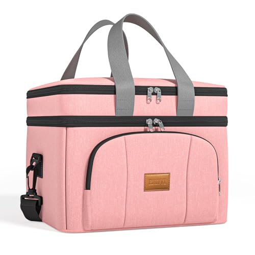 Rnivvi Lunch Box for Women/Men, Cute Reusable Double Deck Insulated Lunch Bags for Work Travel Picnic, Large Capacity Leakproof Cooler Tote Bag Organizer with Detachable Strap for Adults, Rose Pink