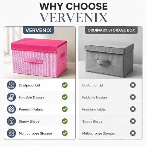 Image of VERVENIX Foldable Storage Box with Lid & Handle, Pack of 3 | Clothes Storage Organizer for Wardrobe | Non-Woven Storage Box for Clothes, Toys, Blankets & Linen | Foldable Home Organizer, Pink