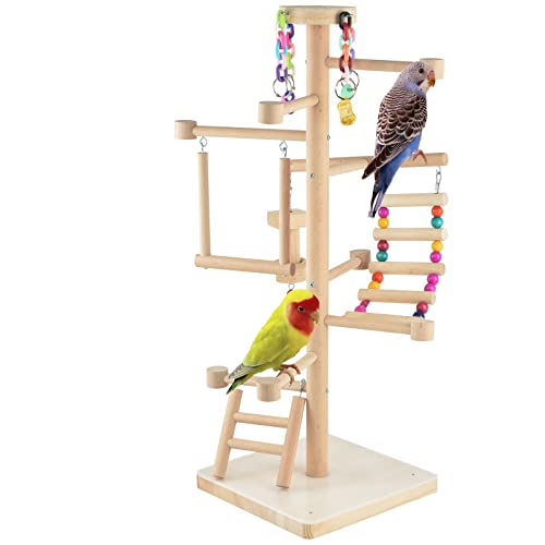 GUANLANT Wood Bird Playground Tabletop Parrots Playgyms Conures Play Stands Perches Prakeets Chewing Climbing Toy Playpen Platform Ladder Swing Activity Center For Cockatiels Budgies Lovebirds